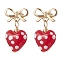 Heart with Bowknot Alloy Lampwork Dangle Stud Earrings, Golden, 24.5x13.5mm
