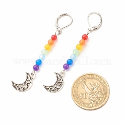 Длинные серьги-рычаги с подвесками из натурального малайзийского нефрита и луны из сплава EJEW-JE04909-03