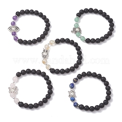 Эластичные браслеты из бусин из натуральной лавы и смешанных драгоценных камней BJEW-JB12869