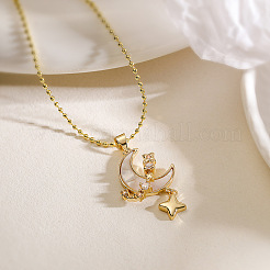 Латунные прозрачные кубические цирконии и ракушки луна звезда кулон шариковая цепочка ожерелья для женщин&nbsp;PW-WGF0F67-01