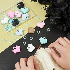 12 шт. 6-х цветные пищевые силиконовые бусины с изображением призрака на Хэллоуин с 50 пластиковыми кольцами-маркерами для вязания SIL-BC0001-10