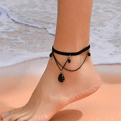 Женские браслеты на ногу из сплава с цепочкой из бархатного шнура и стеклянной каплевидной кисточкой FS-WGE307F-01