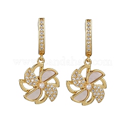 Серьги-кольца из латуни с микропаве из прозрачных кубических цирконий в форме ветряной мельницы&nbsp;KK-D363-16G