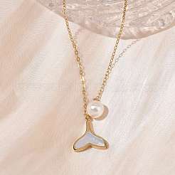 Подвеска в виде хвоста кита из нержавеющей стали 304 с натуральным белым панцирем и круглыми бусинами из АБС-пластика.&nbsp;NJEW-C114-01G