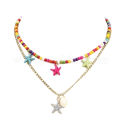 Подвеска из эмали и окрашенной синтетической бирюзы с морскими звездами и натуральными ракушками каури NJEW-JN05465