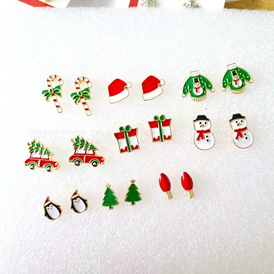 9 пара рождественских серег-гвоздиков из сплава с эмалью EJEW-G449-01G-1