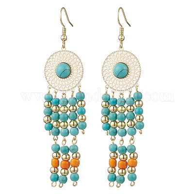 Плоские круглые серьги-подвески из нержавеющей стали 304 с синтетической бирюзой EJEW-JE06454-02-1