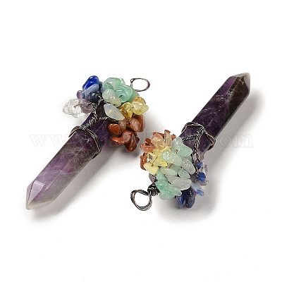 7 большие подвески с натуральным аметистом и заостренными чакрами G-C012-01R-09-1
