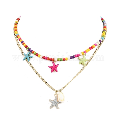 Подвеска из эмали и окрашенной синтетической бирюзы с морскими звездами и натуральными ракушками каури NJEW-JN05465-1