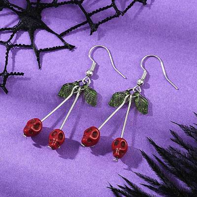 Серьги-подвески в виде черепа из латуни с синтетической бирюзой EJEW-JE06534-01-1