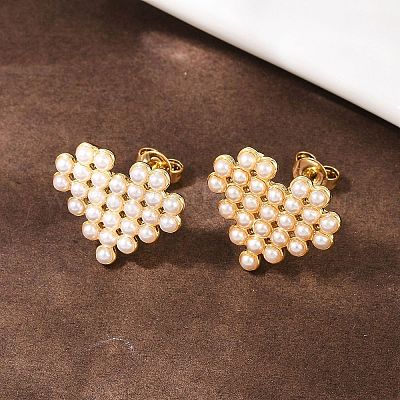 Серьги-гвоздики в форме сердца из латунного АБС-пластика с жемчугом EJEW-L275-14G-03-1