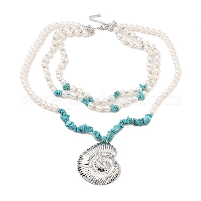 Многослойные ожерелья с синтетической бирюзой и пластиковым жемчугом NJEW-U006-04A-P-1