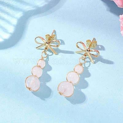 Серьги-гвоздики с круглыми подвесками и бантом из натурального розового кварца EJEW-JE06780-01-1