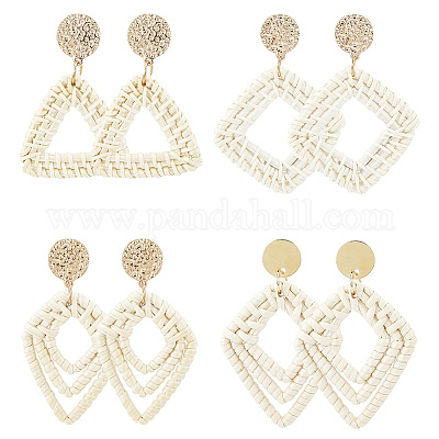 4 пара сережек-гвоздиков из ротанга в 4 стилях EJEW-SP0001-16A-1