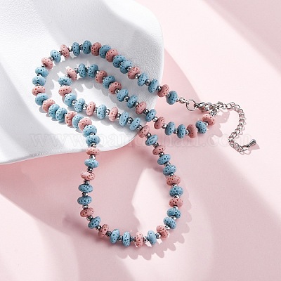 Ожерелья из бусин-ронделей из окрашенной натуральной лавы и синтетического немагнитного гематита NJEW-H054-01P-1