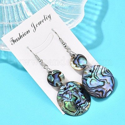 Латунные натуральные ракушки пауа плоские круглые висячие серьги EJEW-S278-01P-1