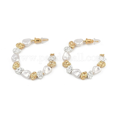 Серьги-гвоздики в форме буквы С из латуни и пластика с имитацией жемчуга EJEW-Q391-08G-1