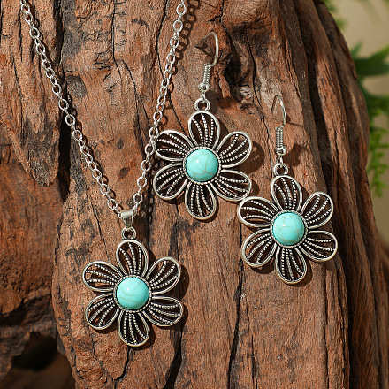 Комплекты из ожерелий и серег-подвесок из цинкового сплава и синтетической бирюзы в стиле бохо&nbsp;WG40DB6-06-1