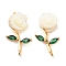 Natural Freshwater Shell Brass Pendants, Flower Charms with Green Glass Leaf, Real 18K Gold Plated, 18.5x10x5.5mm, Hole: 1mm