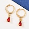 Brass Micro Pave Cubic Zirconia Teardrop Hoop Earrings, Real 18K Gold Plated, Red, 22x5mm