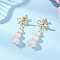 Natural Rose Quartz Bowknot with Round Dangle Stud Earrings, with Brass Earring Findings, Golden, 37.5x14.5mm