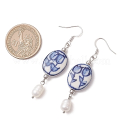 Овальные серьги-подвески из нержавеющей стали 304 с цветочным узором.&nbsp;EJEW-JE06925