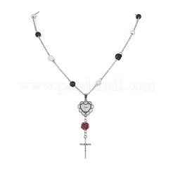 Колье с черепом и круглыми бусинами из синтетической бирюзы и натуральных лавовых камней NJEW-JN04388