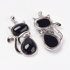 Кулоны с котенком из черного агата&nbsp;X-G-G713-B05