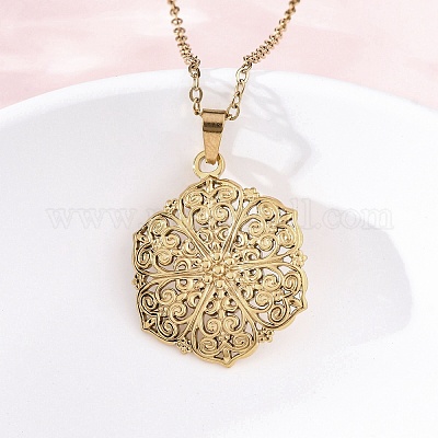 Шестиугольные ожерелья с подвесками из нержавеющей стали 304 в виде цветка NJEW-M096-36G-1