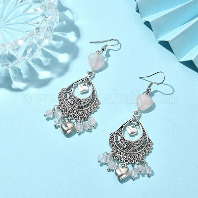 Серьги-люстры в форме сердца из натурального розового кварца EJEW-JE05364-01-1