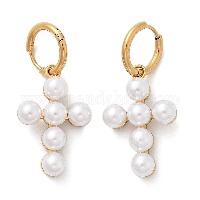 Пластиковые серьги-подвески из нержавеющей стали 304 с жемчугом EJEW-U044-01G-1