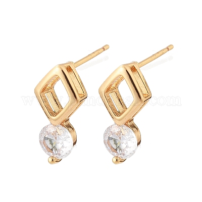 Серьги-гвоздики в форме ромба и плоского круглого кубического циркония из латуни с микропаве для женщин EJEW-G428-20G-02-1
