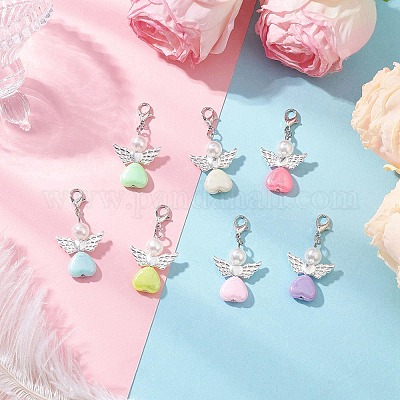 Подвеска в форме сердца ангела из АБС-пластика с имитацией жемчуга и акрила HJEW-JM03528-01-1