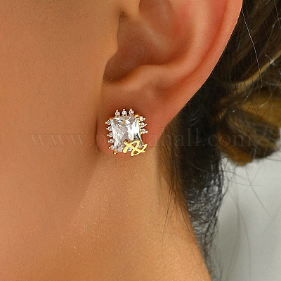 Квадратные серьги-гвоздики из латуни с прозрачным кубическим цирконием CO7467-1