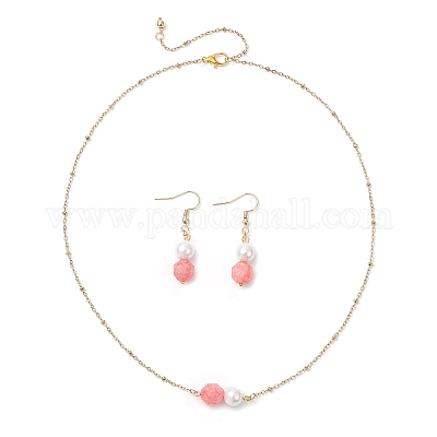 Комплект из ожерелья и серег с подвеской из натурального родохрозита и ракушечного жемчуга круглой формы SJEW-JS01362-1