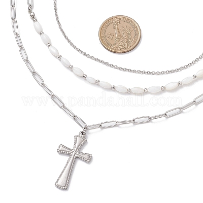 Женское ожерелье с подвеской-крестом из нержавеющей стали 304 NJEW-JN05481-1