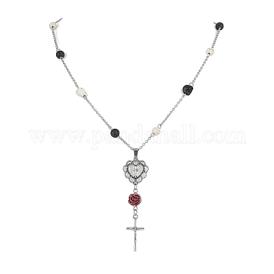 Колье с черепом и круглыми бусинами из синтетической бирюзы и натуральных лавовых камней NJEW-JN04388-1