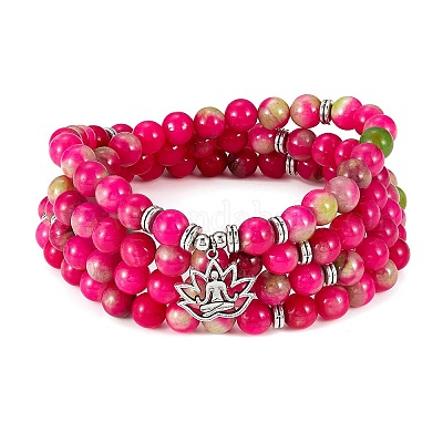 Круглый браслет из бисера из натурального белого нефрита с сплавом ом / аум лотос AJEW-PH00503-02-1