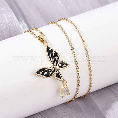 Бабочка латунный микропаве кубический цирконий кулон ожерелья для женщин NJEW-C076-03G-1
