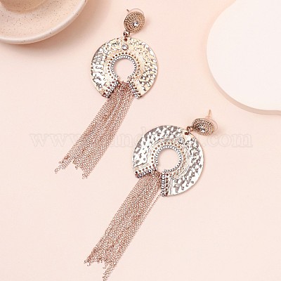 Плоские круглые серьги-гвоздики с подвеской-цепочкой из латуни со стразами и кисточками EJEW-U058-01G-1