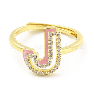 Регулируемое кольцо с инициалами из разноцветной эмали и прозрачным кубическим цирконием RJEW-P045-01G-J-1