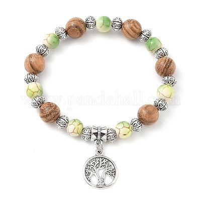 Плоские круглые браслеты с подвесками в виде дерева жизни из сплава BJEW-JB12358-03-1