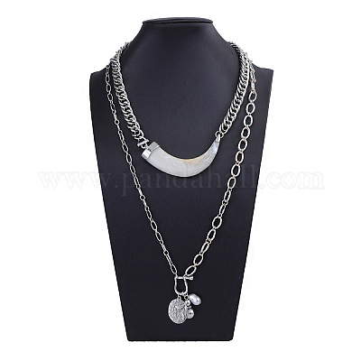 Двухслойные ожерелья из роговой смолы и цинкового сплава с подвеской в виде монеты и пластикового жемчуга для женщин FS-WGDE545-01-1