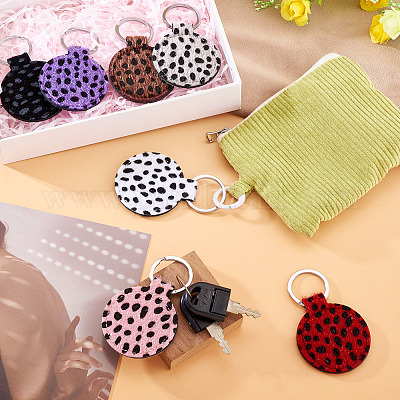 16 шт. 8-цветные плоские круглые брелки из искусственной кожи с леопардовым узором KEYC-TA0001-37-1