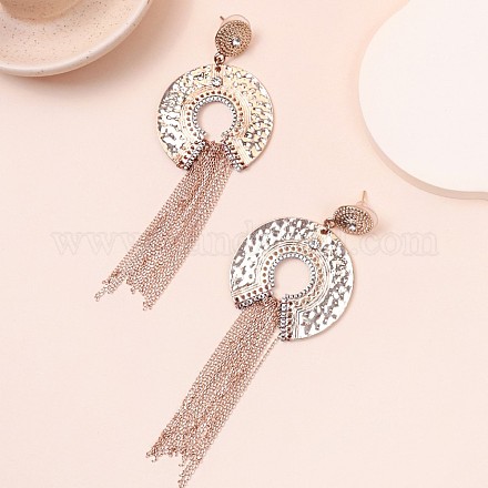 Плоские круглые серьги-гвоздики с подвеской-цепочкой из латуни со стразами и кисточками EJEW-U058-01G-1