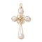 Natural Cultured Freshwater Pearl Copper Wire Wrapped Cross Pendants, Floral White, Golden, 50x26.5x5mm, Hole: 2.4mm
