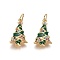 Brass Cubic Zirconia Pendants, with Enamel and Jump Ring, Christmas Tree, Green, Golden, 18.5x11x3mm, Hole: 3mm