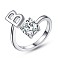 Anti-Tarnish Rhodium Plated 925 Sterling Silver Initial Letter Open Cuff Ring, Clear Cubic Zirconia Ring for Women, Platinum, Letter.B, US Size 6 1/2(16.9mm)