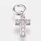 Brass Micro Pave Cubic Zirconia Tiny Cross Charms, Platinum, 9x5x1.5mm, Hole: 2mm