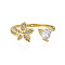 Cubic Zirconia Flower and Heart Open Cuff Ring, Real 18K Gold Plated Brass Jewelry for Women, Nickel Free, Clear, US Size 8 1/2(18.5mm)